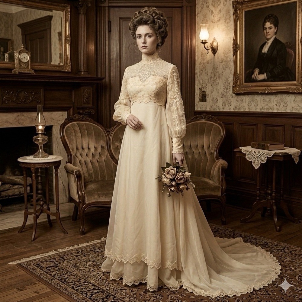 Vtg ILGWU Wedding Dress 8 Ivory‎ Lace Edwardian Victorian Train Bridal Gown 70s